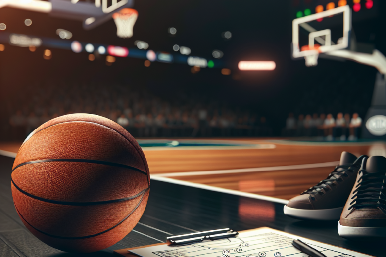 NBA and EuroLeague editorial photo: ball, stats, and tactics board pregame